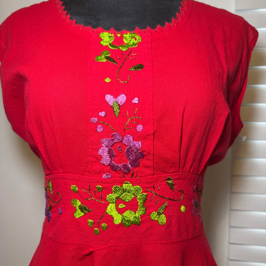 Pre-Loved Embroidered Red Midi Dress – Size Small